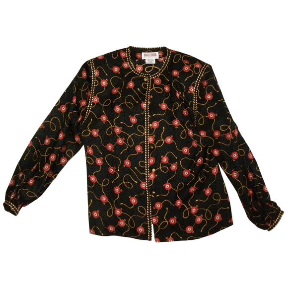 80s Scarf Print SILK Blouse | Fleur-de-Lis Tassel Black Red Gold Pattern | S - Picture 5 of 10